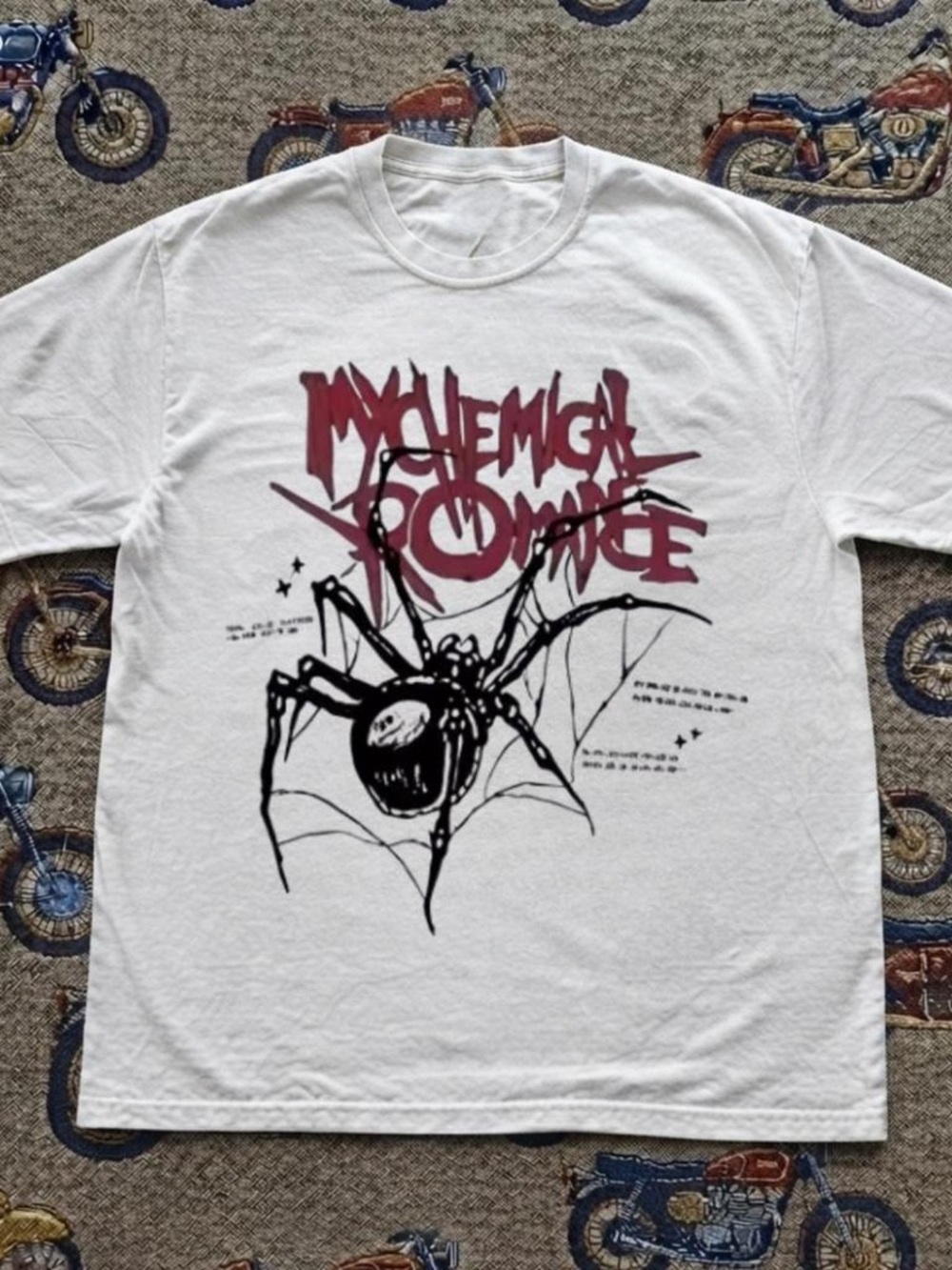 White T-Shirt with Maroon Band Logo and Black Spider Graphic